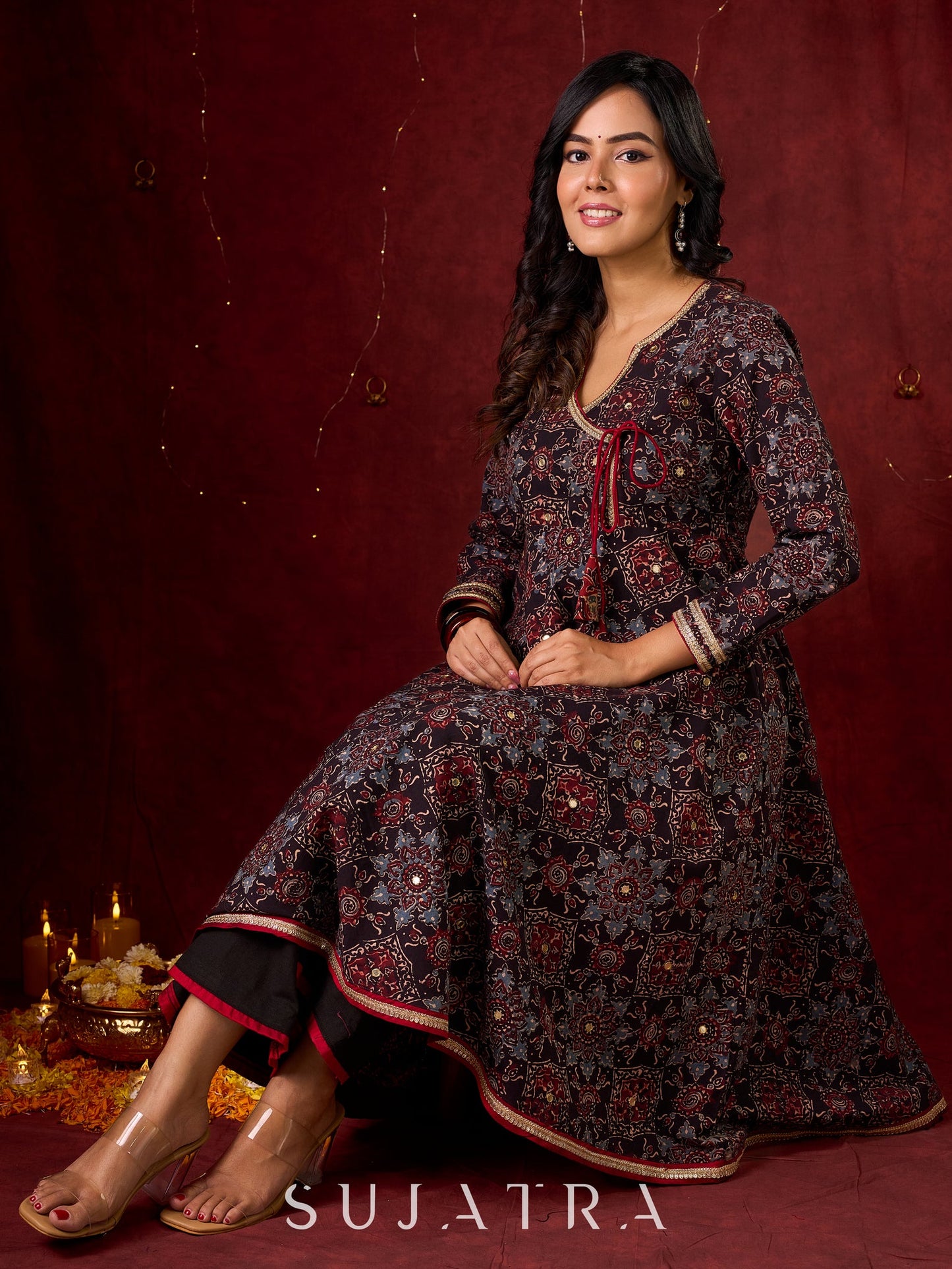 Timeless Black Ajrakh Flared Anarkali with Subtle Artisanal Hand Embroidered Touch