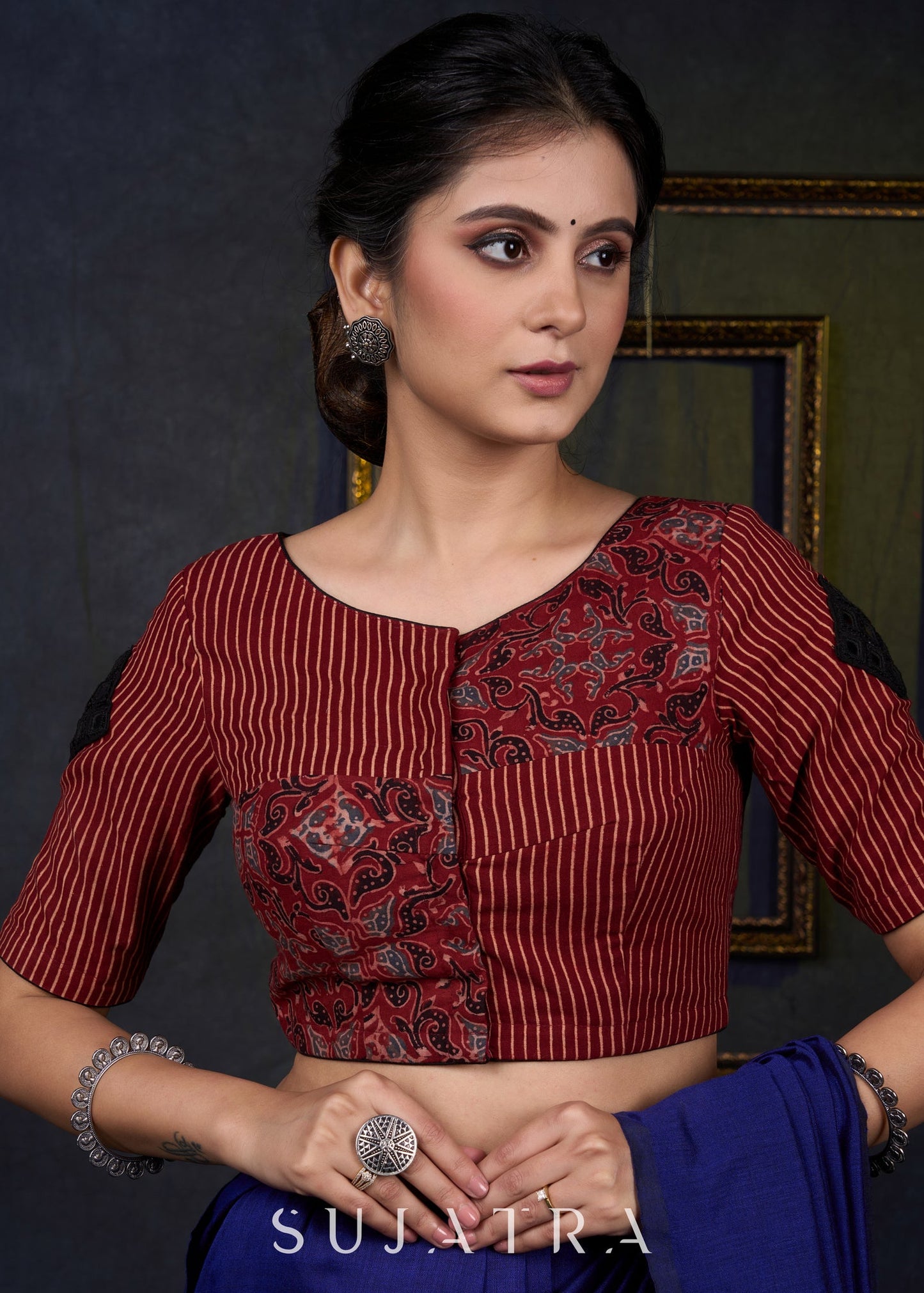 Maroon Ajrakh Combination Kutch Work Blouse