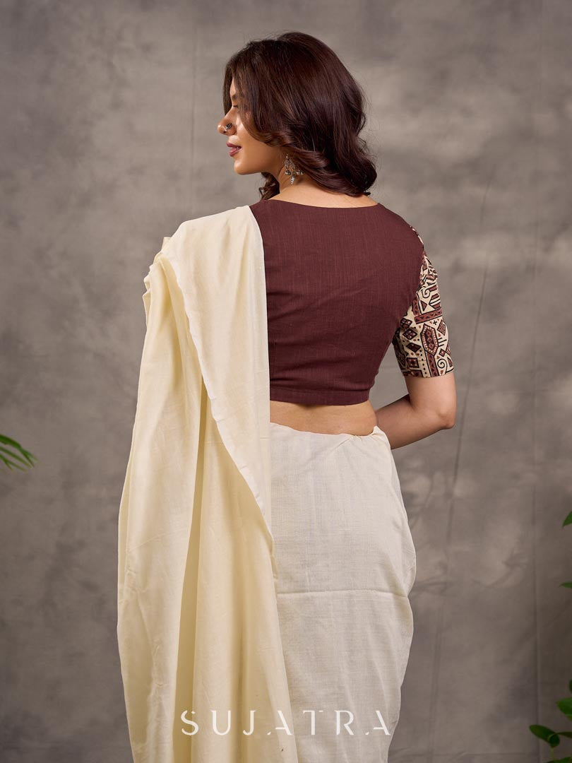 Brown and Beige Geometric Print Blouse with Elbow Sleeves and Sweetheart Neckline