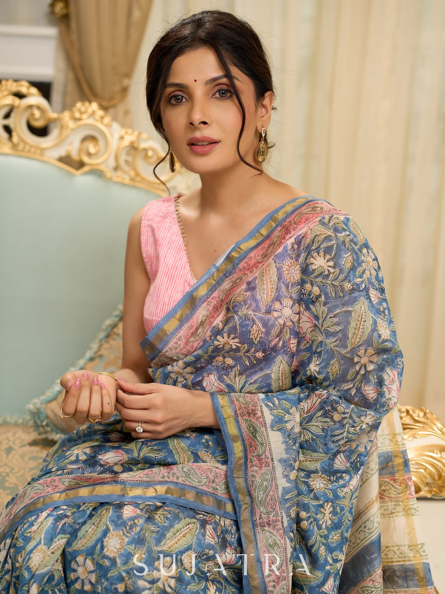 Dreamy Hand block-printed Chanderi saree bursting with floral opulence and vintage charm