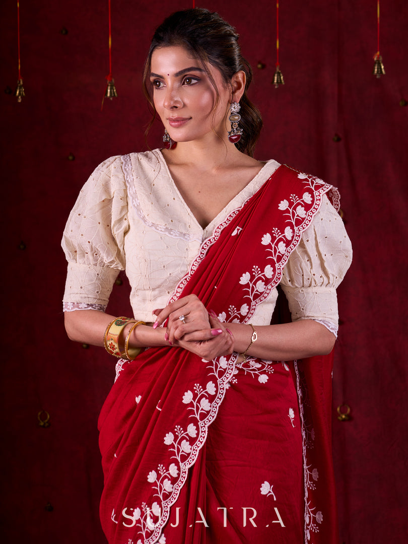 Ruby Red Chanderi Saree Adorned with All-Over Butta & Exquisite Embroidered Border