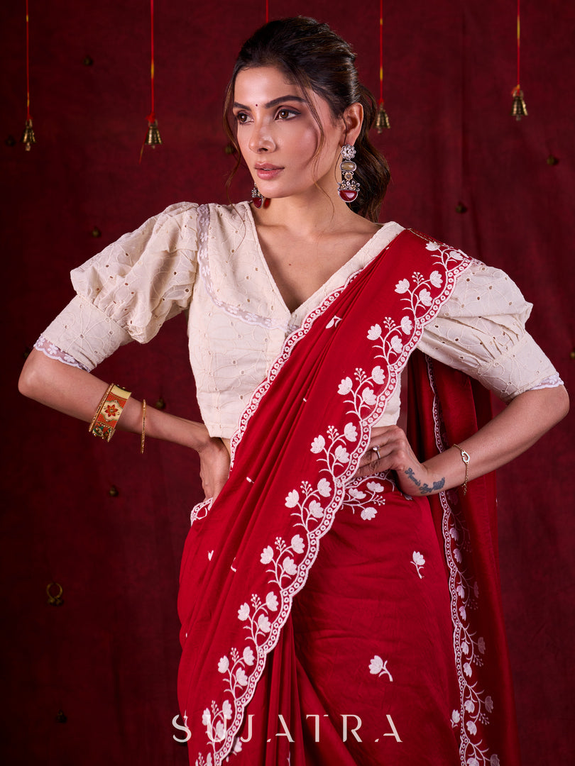 Ruby Red Chanderi Saree Adorned with All-Over Butta & Exquisite Embroidered Border