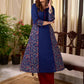 Solid Navy Blue Cotton Princess Panel A-line Kurta with Ethnic Warli Print