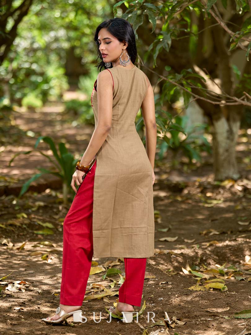 Minimal Beige Cotton Sleeveless Kurta with Artistic Red Hand Block Print