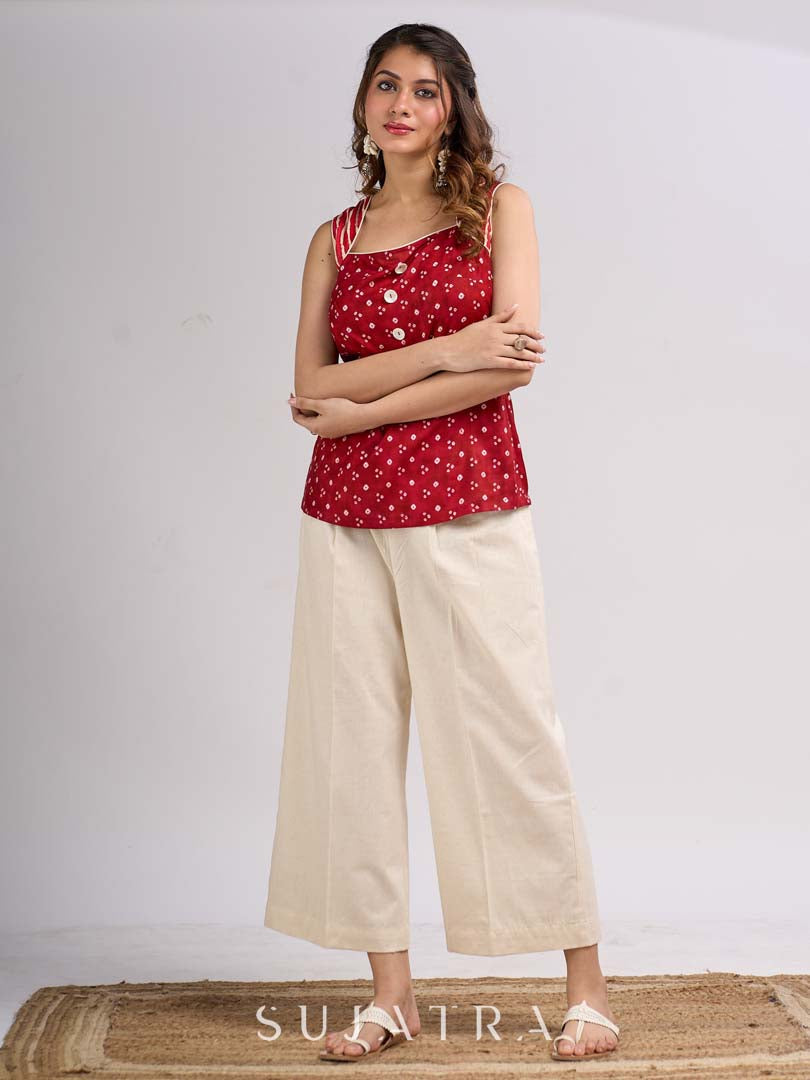 Red Cotton Indo Western Top with Bandhani Print and Button Detail