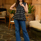 Midnight Weave Black Ikat Cotton Gathered Top with Yoke and Delicate Hand Embellishments