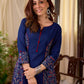 Solid Navy Blue Cotton Princess Panel A-line Kurta with Ethnic Warli Print