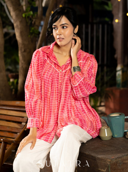Playful Pink Tie-Dye Viscose Gathered Shirt with Crisp White Piping