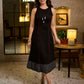 Classic Black A-Line Cotton Dress with Princess Lines, Kantha Detailing & Hand Block Printed Border on Hem