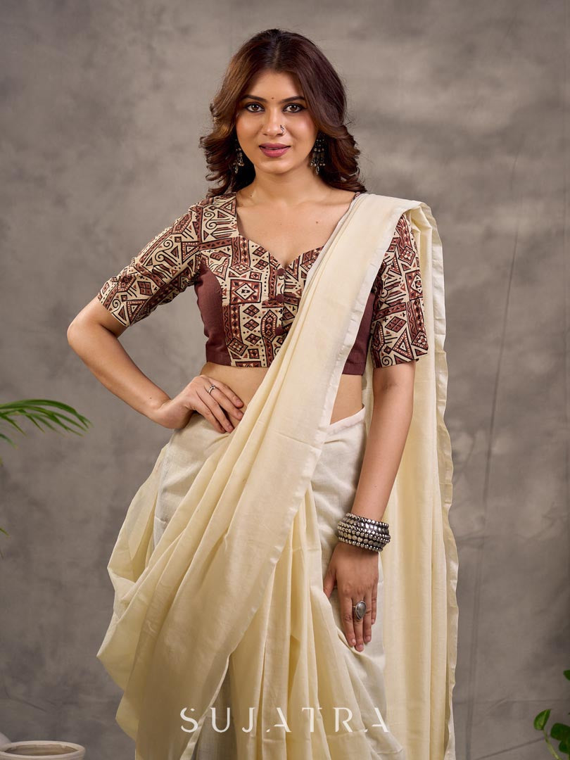 Brown and Beige Geometric Print Blouse with Elbow Sleeves and Sweetheart Neckline