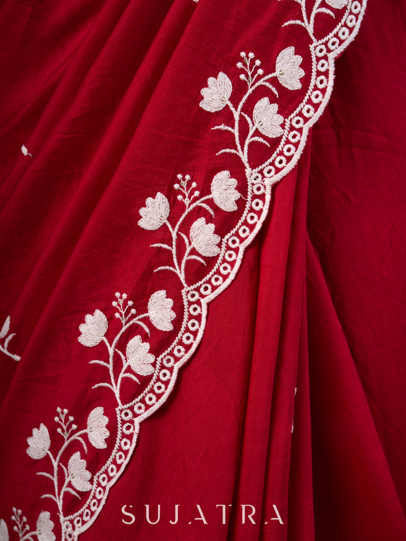 Ruby Red Chanderi Saree Adorned with All-Over Butta & Exquisite Embroidered Border