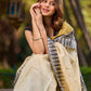 Off-White Handwoven Pure Tussar Silk Block Printed Saree with Traditional Green and Gold Zari Detailing