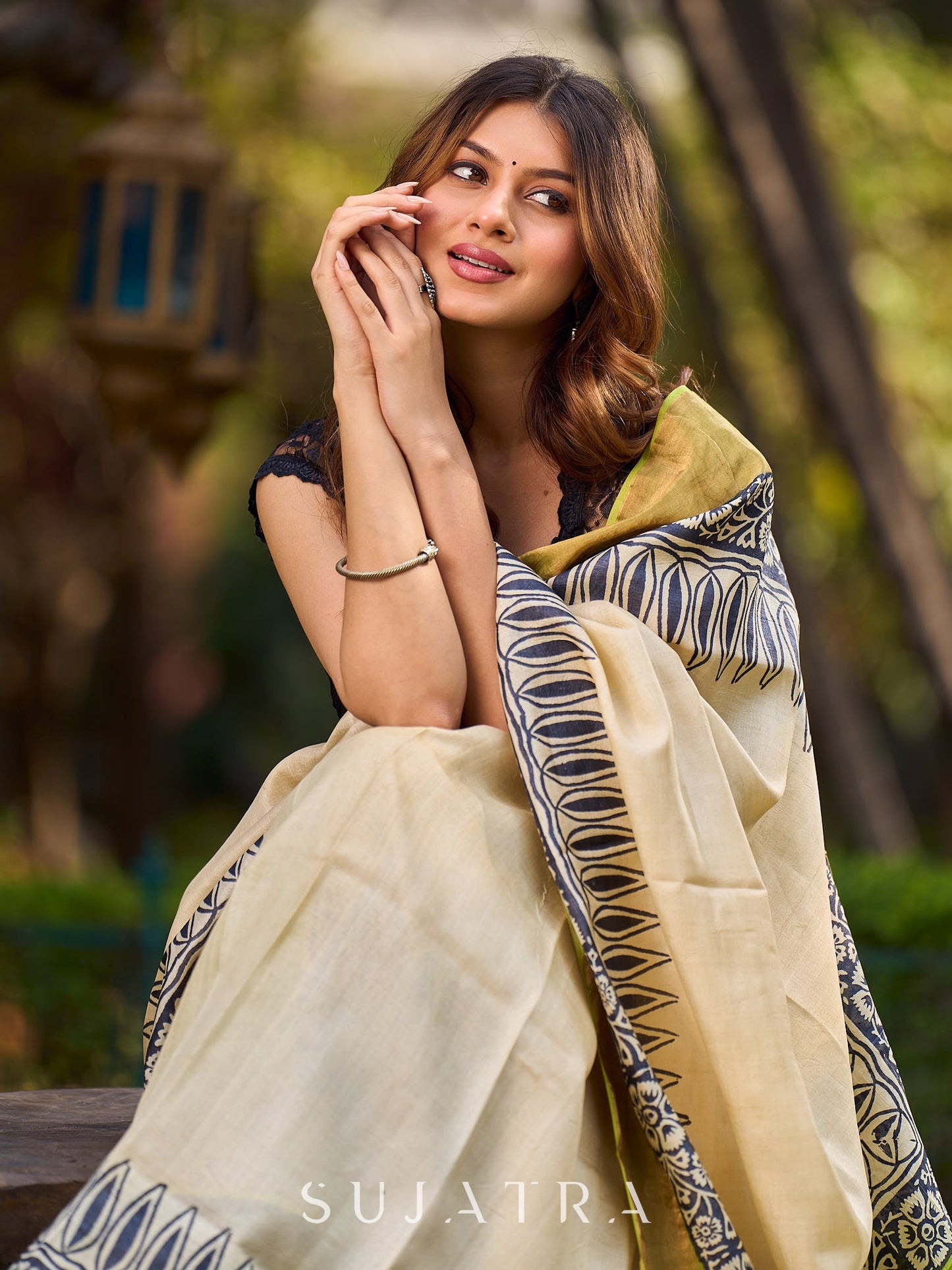 Off-White Handwoven Pure Tussar Silk Block Printed Saree with Traditional Green and Gold Zari Detailing