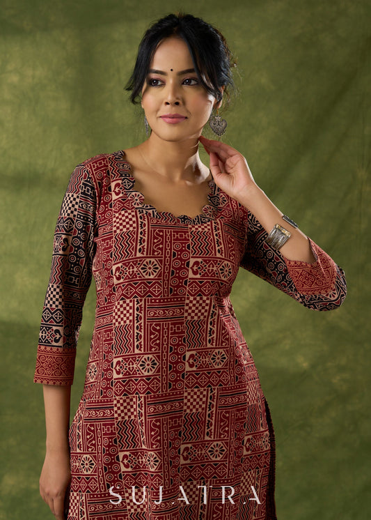 Maroon Scallop Neck Cotton Ajrak Kurta - Pant Optional