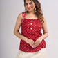Red Cotton Indo Western Top with Bandhani Print and Button Detail