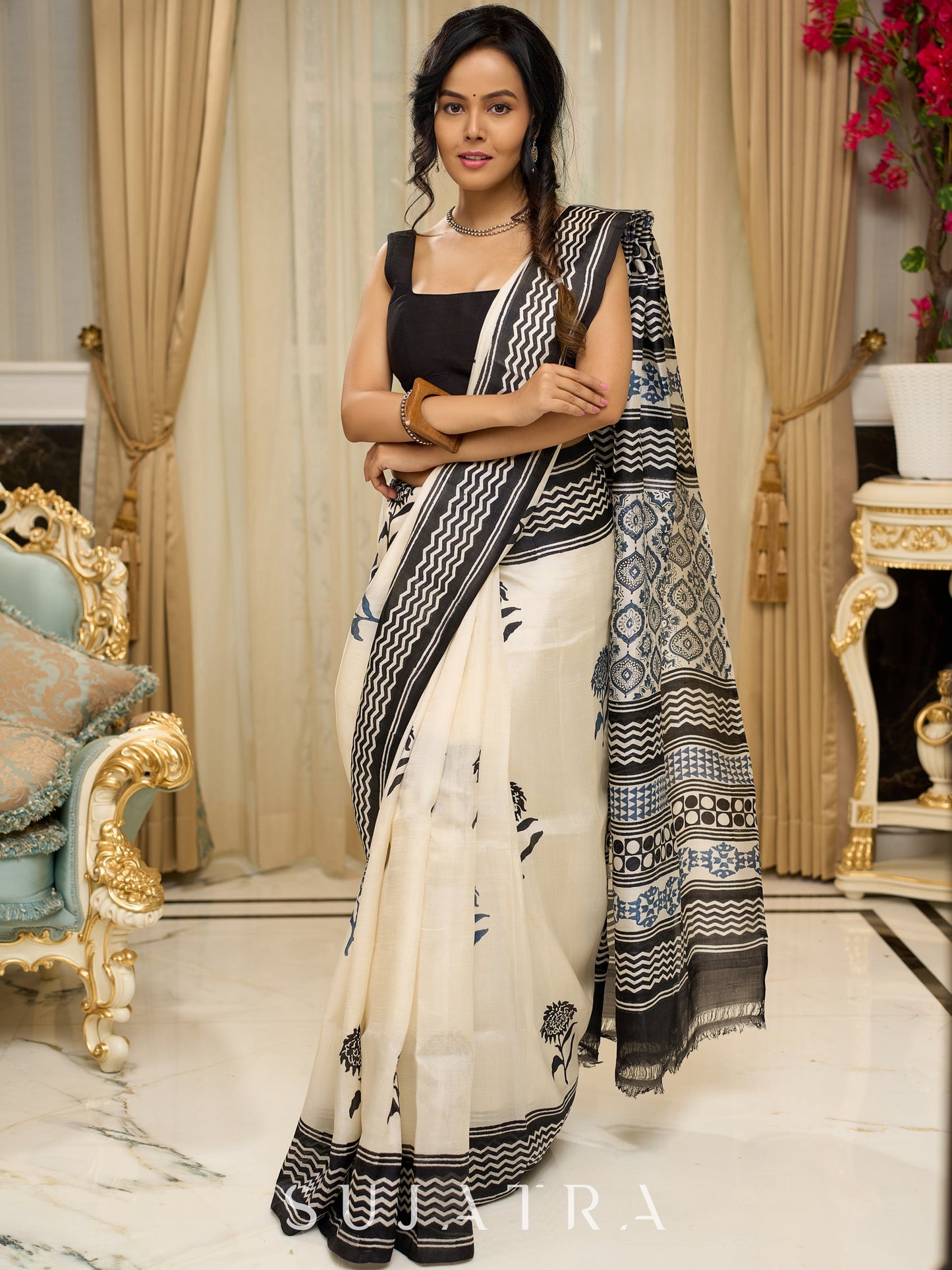 Pure silk saree with bold black block prints and timeless grace