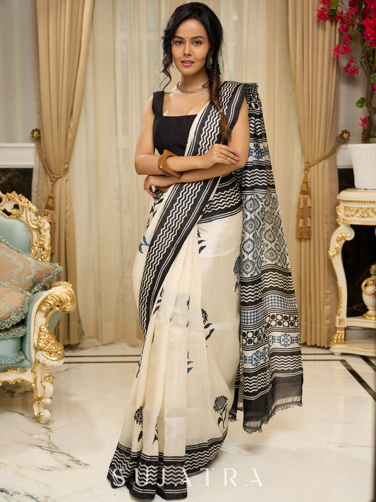 Pure silk saree with bold black block prints and timeless grace