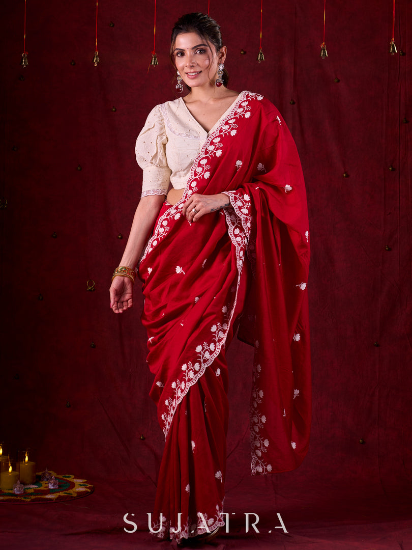 Ruby Red Chanderi Saree Adorned with All-Over Butta & Exquisite Embroidered Border