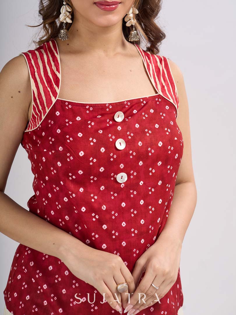 Red Cotton Indo Western Top with Bandhani Print and Button Detail