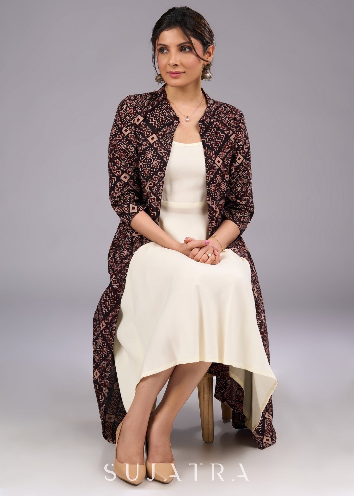 Mystic Charcoal Long Ajrakh Print Jacket
