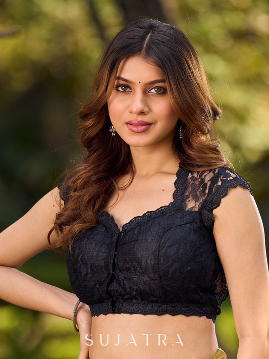 Chic Black Lace Detail Net Blouse with Classic Cap Sleeves