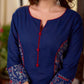 Solid Navy Blue Cotton Princess Panel A-line Kurta with Ethnic Warli Print