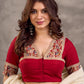 Maroon Cotton Short Sleeve Blouse with Kalamkari Printed Neckline and Sleeve Border Detail