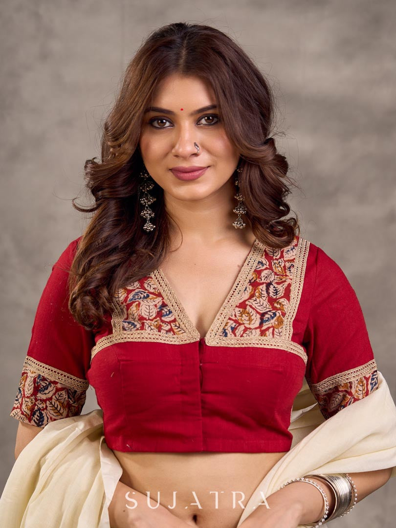 Maroon Cotton Short Sleeve Blouse with Kalamkari Printed Neckline and Sleeve Border Detail