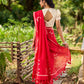 Striking Red Cotton Saree with Minimal Floral & Polka Print