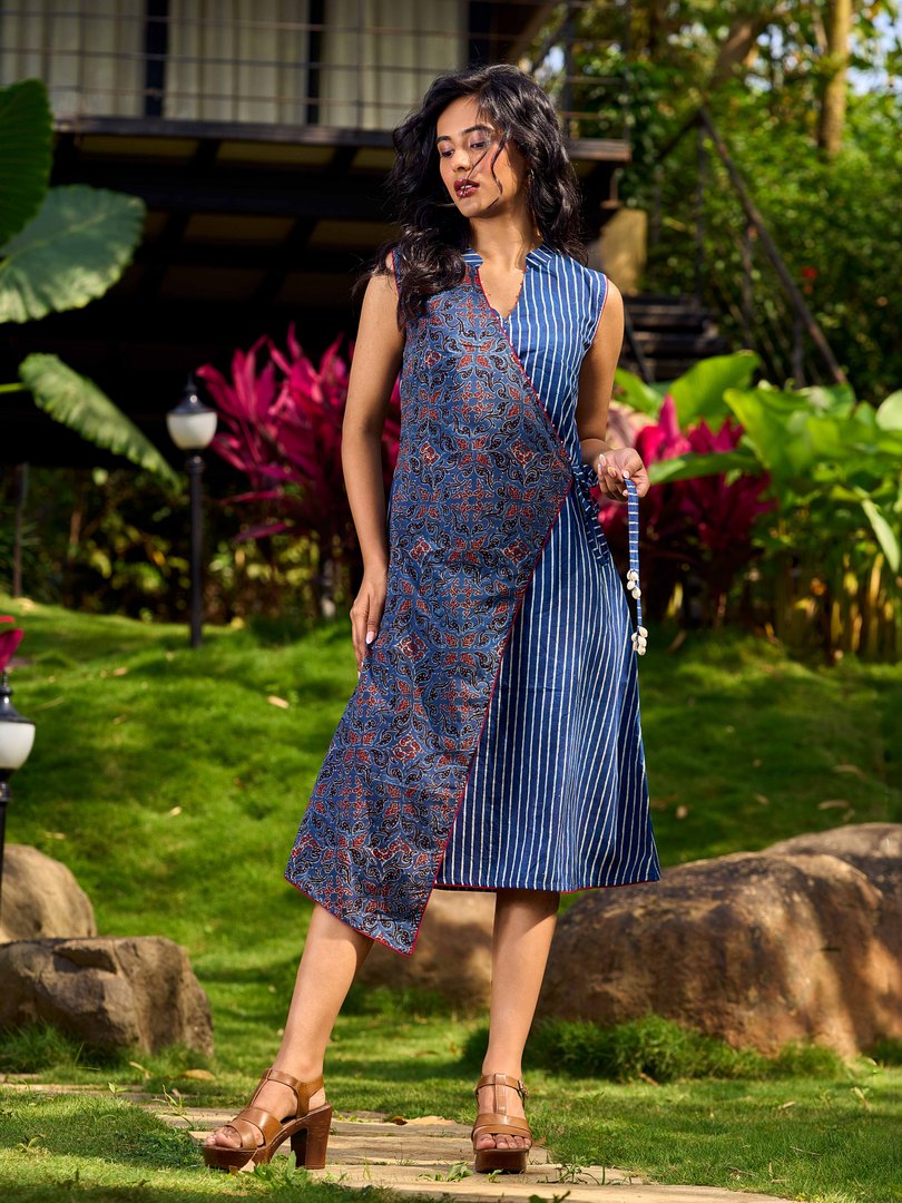 Elegant Ajrakh and Striped Indigo Cotton Wrap Dress with Tie-Up Accents