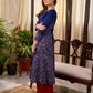 Solid Navy Blue Cotton Princess Panel A-line Kurta with Ethnic Warli Print
