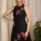 Stunning black rayon dress adorned with vibrant floral block print accents