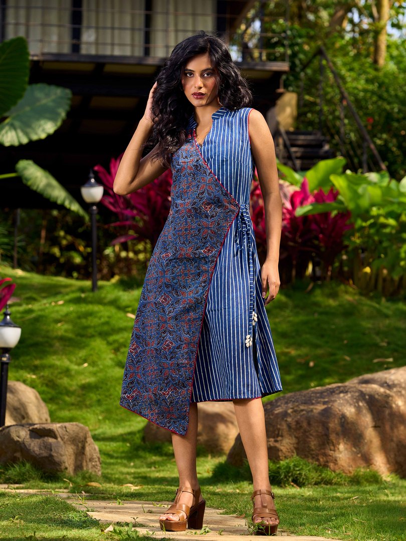 Elegant Ajrakh and Striped Indigo Cotton Wrap Dress with Tie-Up Accents