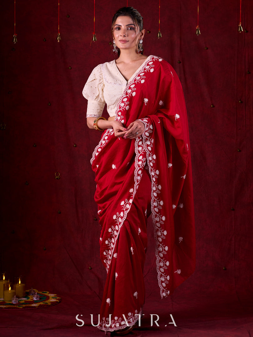 Ruby Red Chanderi Saree Adorned with All-Over Butta & Exquisite Embroidered Border