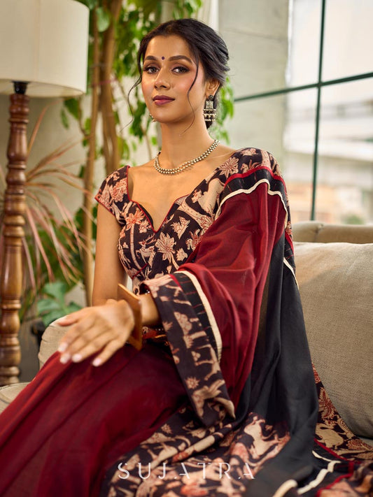 Classic Maroon-Black Dual-Tone Cotton Saree with Kalamkari Border & Pallu