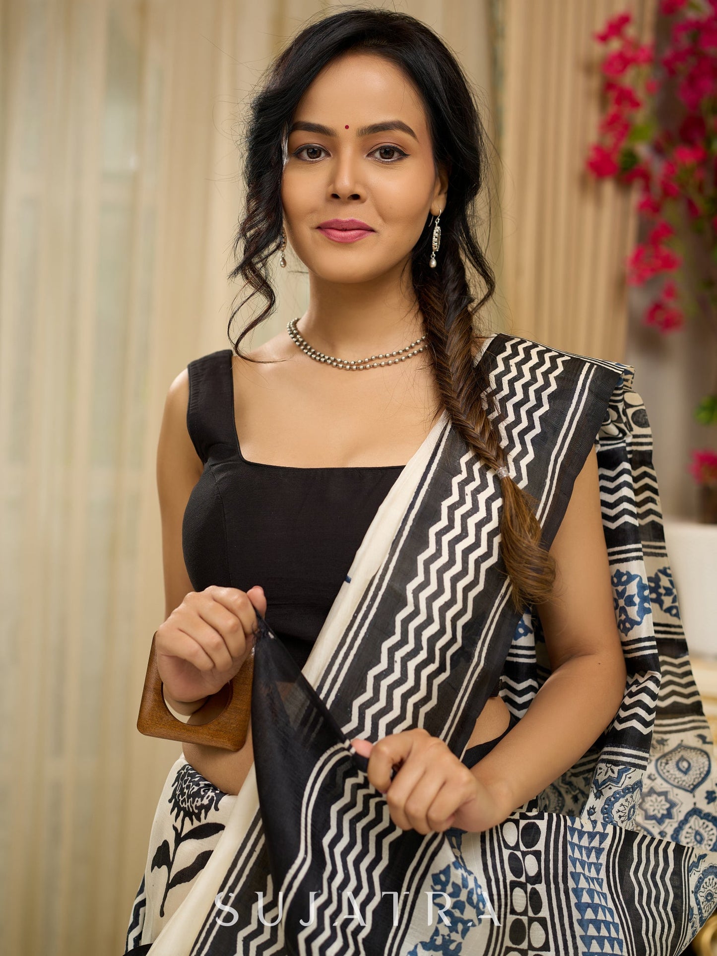 Pure silk saree with bold black block prints and timeless grace
