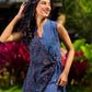 Elegant Ajrakh and Striped Indigo Cotton Wrap Dress with Tie-Up Accents