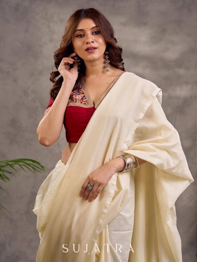 Maroon Cotton Short Sleeve Blouse with Kalamkari Printed Neckline and Sleeve Border Detail