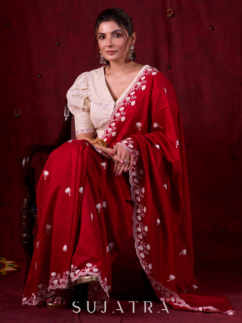 Ruby Red Chanderi Saree Adorned with All-Over Butta & Exquisite Embroidered Border