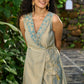 Elegant olivegold cotton silk overlap sleeveless dress highlighted with minimal embroidery in the collar