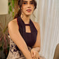 Black Heritage-inspired Kalamkari halter dress with elegant maroon contrast detailing.
