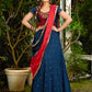 A Modern Royal ensemble - Stunning Jamdani Lehenga Choli with a monochrome blue base & contrast maroon and all over Zardosi embroidery - Shaded Dupatta Optional