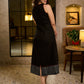Classic Black A-Line Cotton Dress with Princess Lines, Kantha Detailing & Hand Block Printed Border on Hem