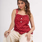 Red Cotton Indo Western Top with Bandhani Print and Button Detail