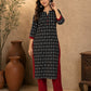 Bold Black Kantha Printed Cotton Kurta with Maroon Accents