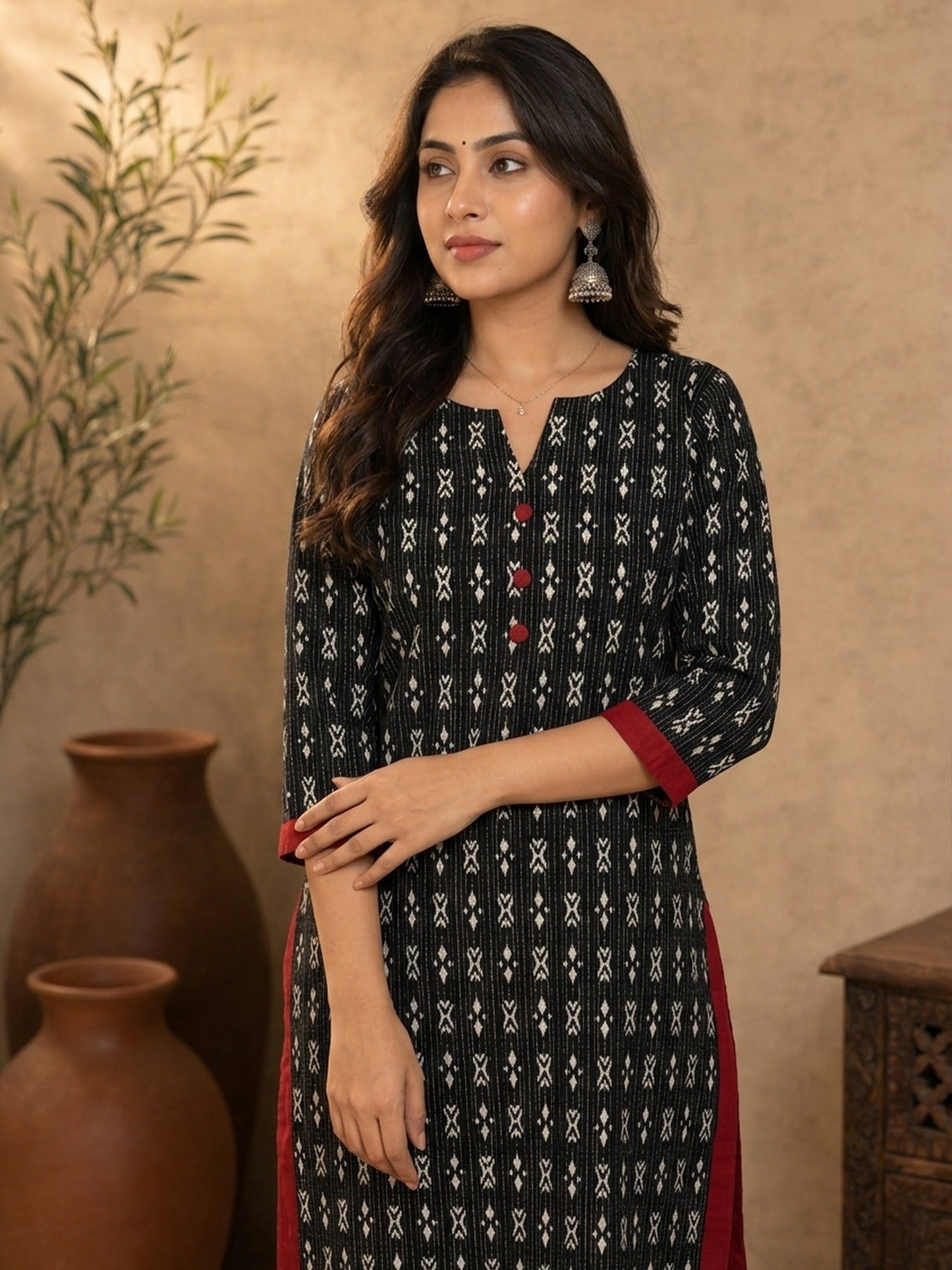 Bold Black Kantha Printed Cotton Kurta with Maroon Accents