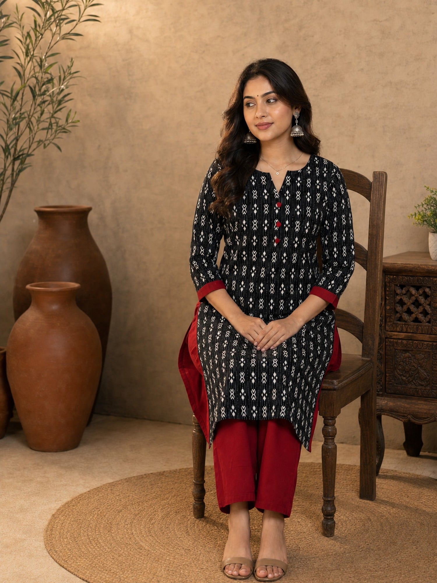 Bold Black Kantha Printed Cotton Kurta with Maroon Accents