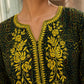 Timeless Bottle Green Ajrakh Print Kurta with Yellow Floral Embroidery