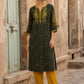Timeless Bottle Green Ajrakh Print Kurta with Yellow Floral Embroidery