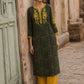 Timeless Bottle Green Ajrakh Print Kurta with Yellow Floral Embroidery